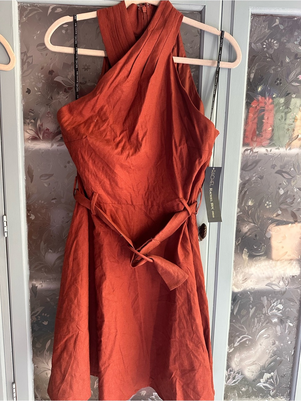 RACHEL Rachel Roy Rust Orange Halter Tie-Waist Mini Dress
